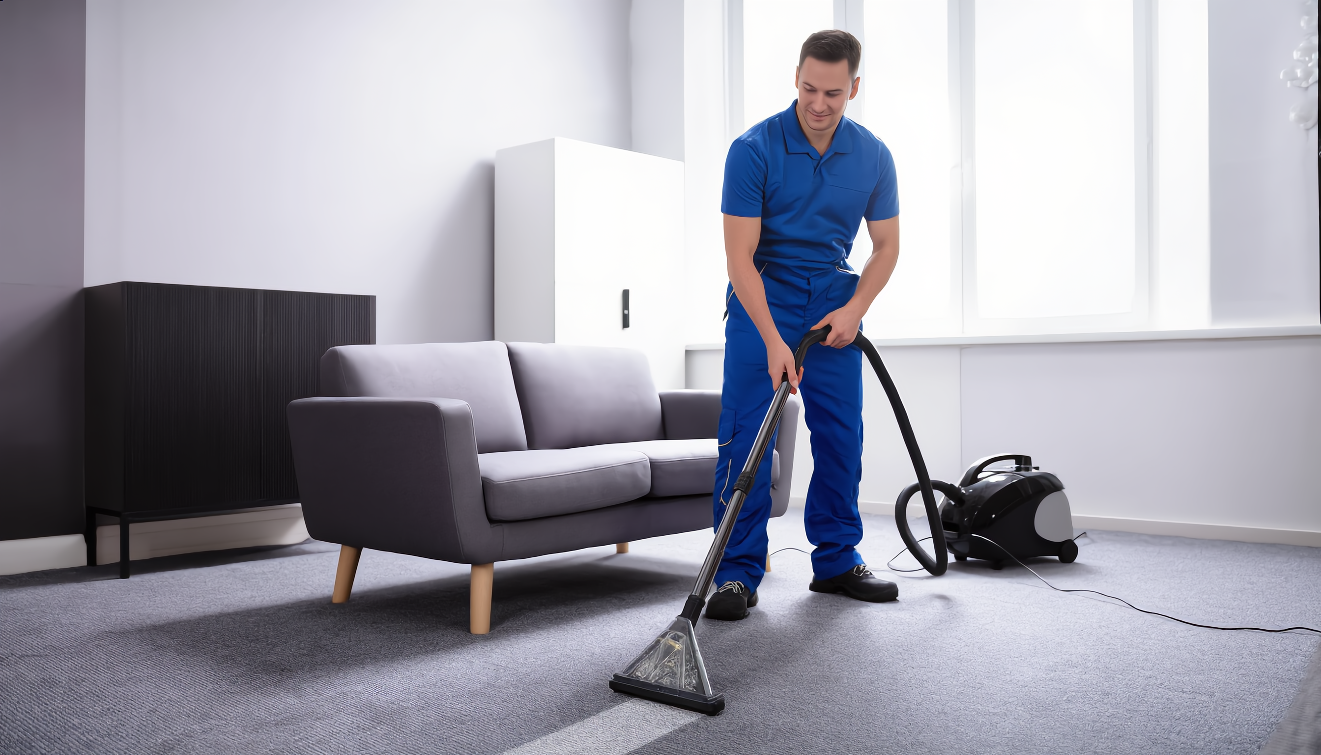 Eine Person in blauer Arbeitskleidung reinigt einen Teppich mit einem Nasssauger in einem Wohnzimmer. Im Hintergrund steht ein graues Sofa und ein schwarzes Schrankelement. Die Szene ist gut beleuchtet mit natürlichem Licht von einem großen Fenster.