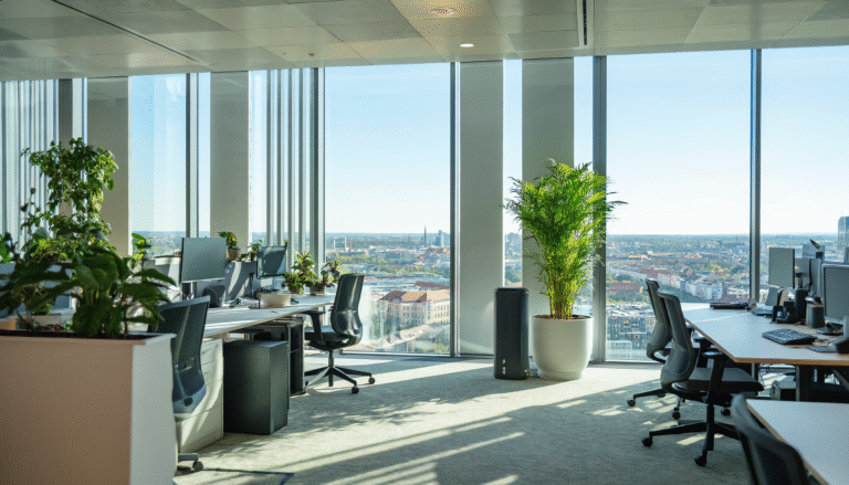 Ein modernes, helles Büro mit großen Fenstern, die einen Blick auf die Stadt München bieten. Die Büroeinrichtung besteht aus Schreibtischen, Bürostühlen und Computermonitoren. Große grüne Pflanzen sind in Töpfen verteilt, was eine frische und einladende Atmosphäre schafft.
