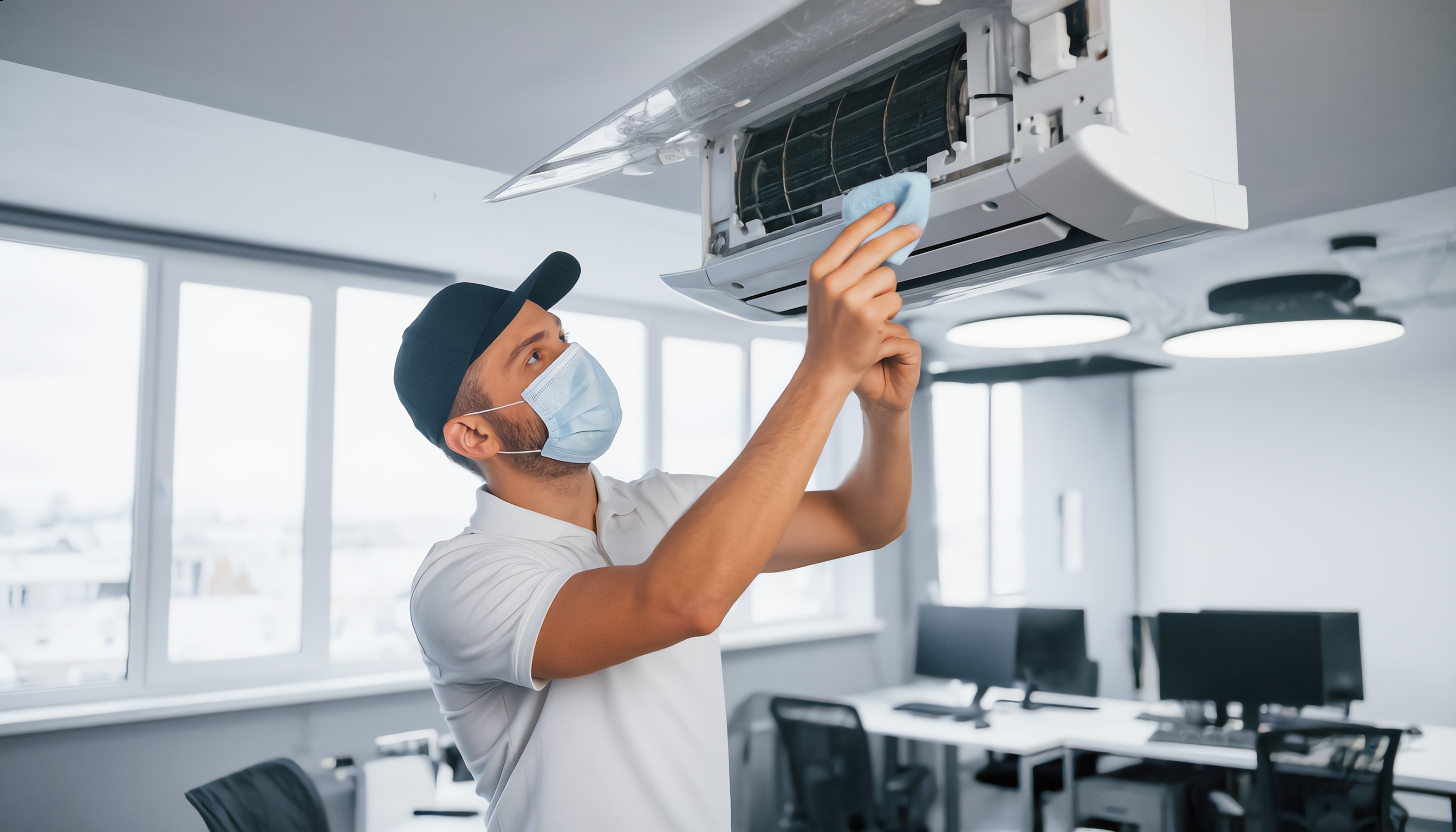 Ein Mann mit einer Gesichtsmaske reinigt eine Klimaanlage in einem modernen Bürogebäude. Im Hintergrund sind große Fenster und mehrere Schreibtische mit Computermonitoren sichtbar. Dies könnte eine Büroreinigungsleistung in München durch Bavaria Cleaning darstellen.