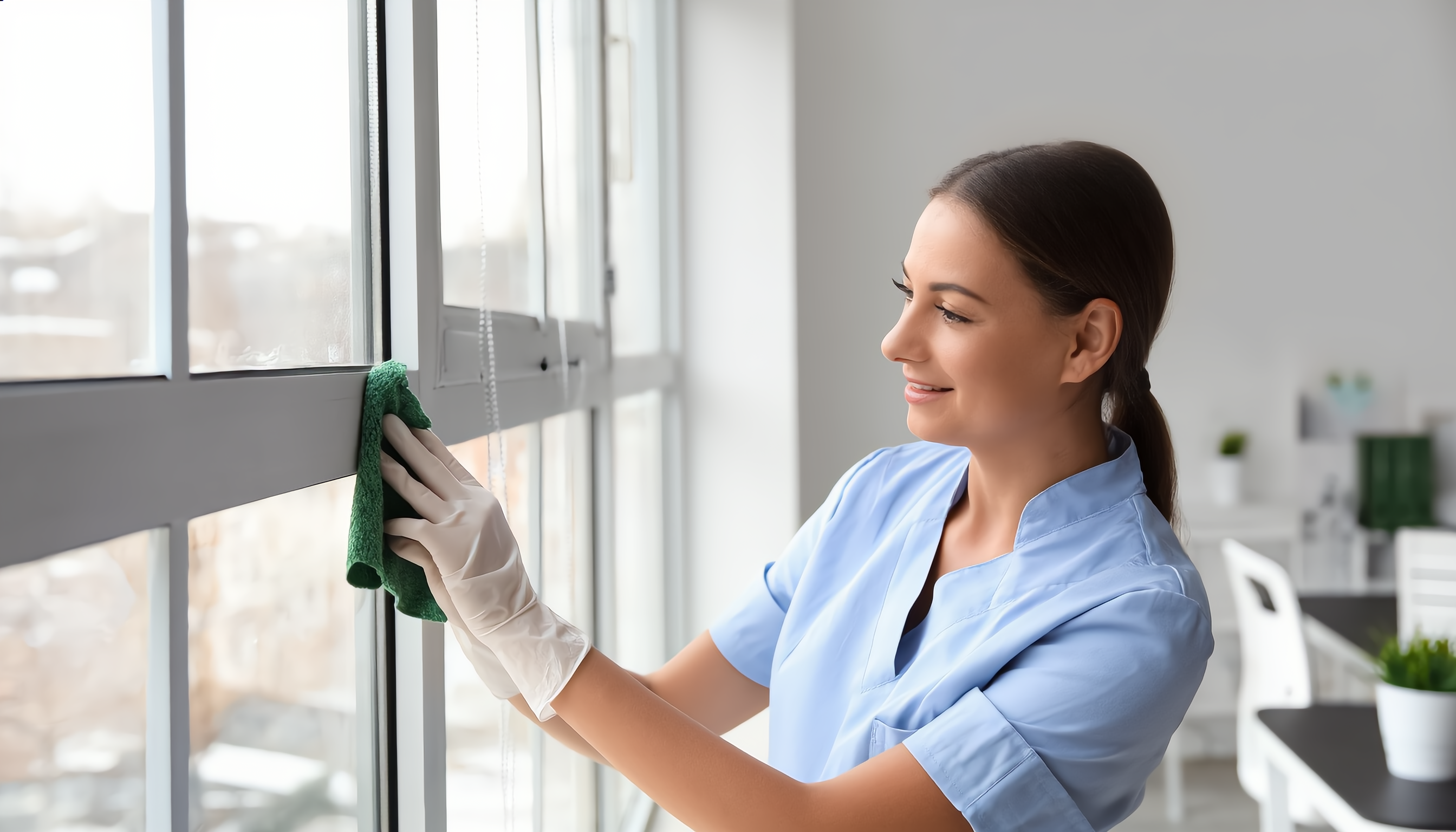 Eine Frau in blauer Arbeitskleidung reinigt ein großes Fenster mit einem grünen Tuch. Sie trägt weiße Handschuhe und arbeitet in einem modernen, hellen Raum mit weißem Mobiliar. Das Bild stellt eine Glasreinigung dar, was eine der Dienstleistungen von Bavaria Cleaning in München ist.