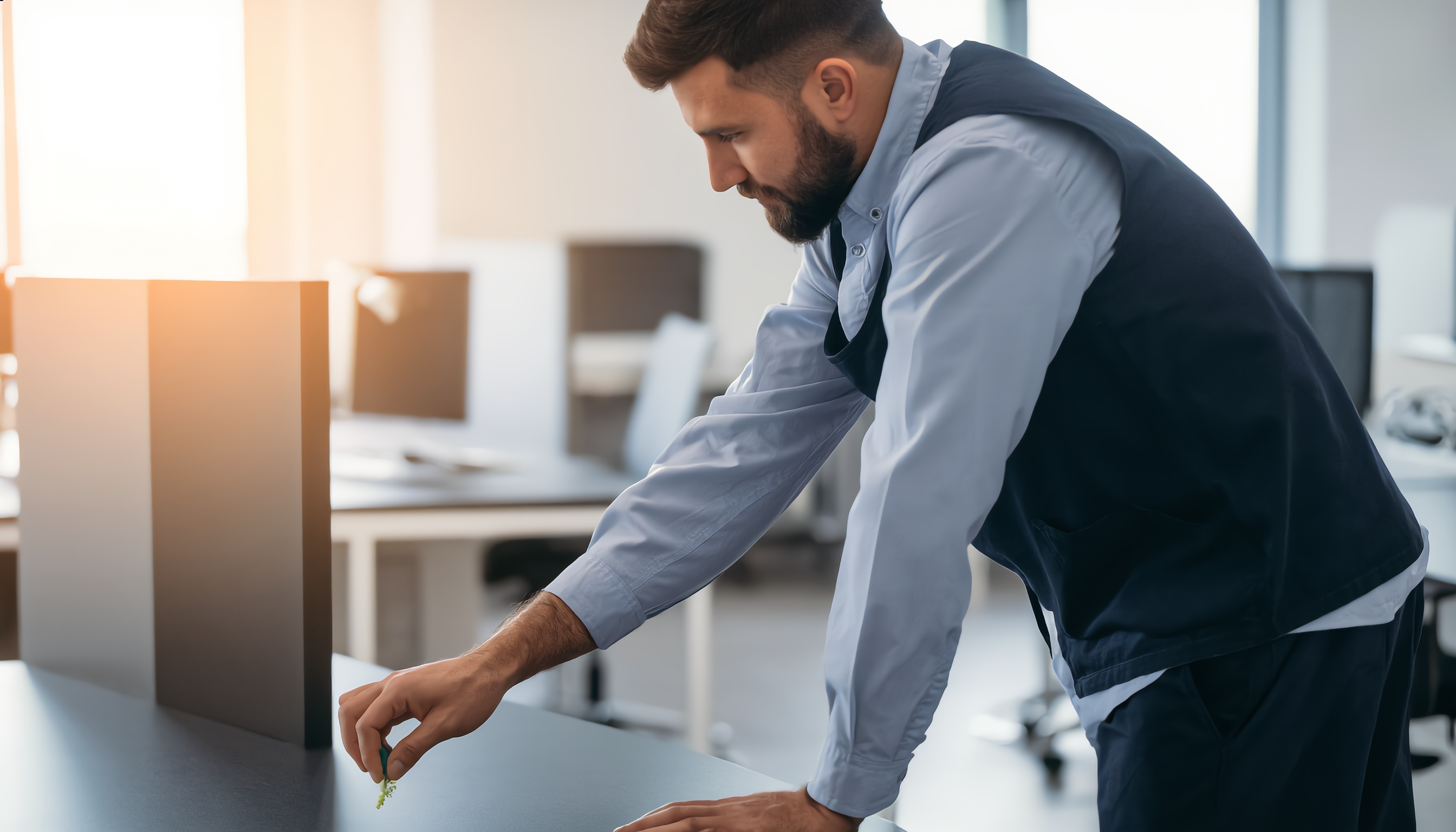 Ein Mitarbeiter in Arbeitskleidung reinigt eine Tischoberfläche in einem modernen Büro mit mehreren Arbeitsplätzen. Die Sonne scheint durch ein Fenster und erhellt den Raum. Diese Darstellung symbolisiert eine Büroreinigung in München durch Bavaria Cleaning.
