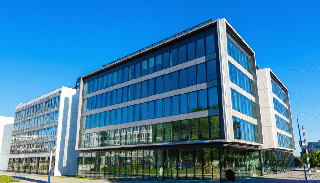 Modernes Bürogebäude mit großen Glasfenstern und reflektierenden Oberflächen unter klarem, blauem Himmel. Das Gebäude ist Teil der Referenzen für Gebäudereinigungsdienste in München, angeboten von Bavaria Cleaning.