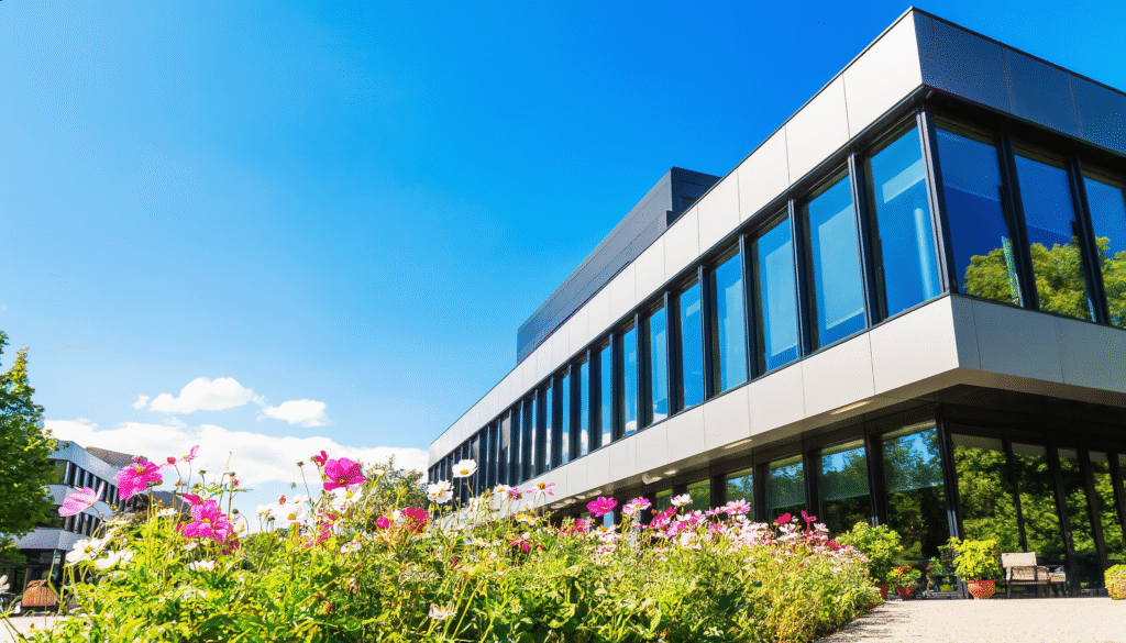 Modernes Gebäude mit großen Glasfenstern und einem gepflegten Garten voller blühender Blumen im Vordergrund. Der Himmel ist klar und blau, was eine saubere und ordentliche Atmosphäre vermittelt.