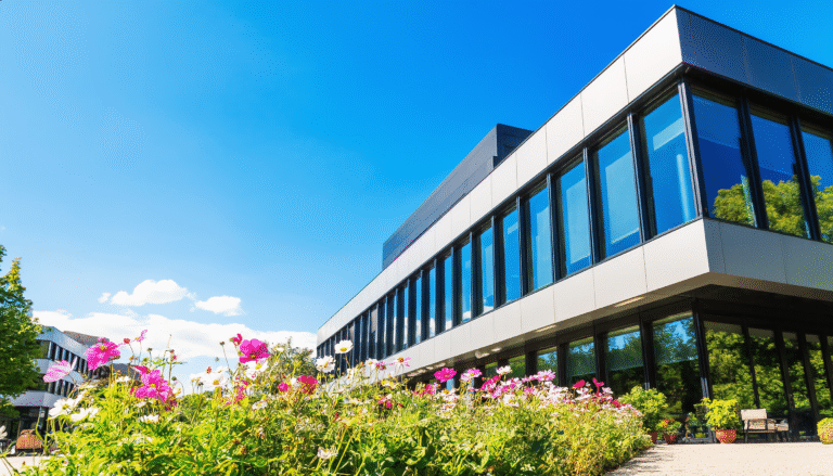 Modernes Gebäude mit großen Glasfenstern und einem gepflegten Garten voller blühender Blumen im Vordergrund. Der Himmel ist klar und blau, was eine saubere und ordentliche Atmosphäre vermittelt.