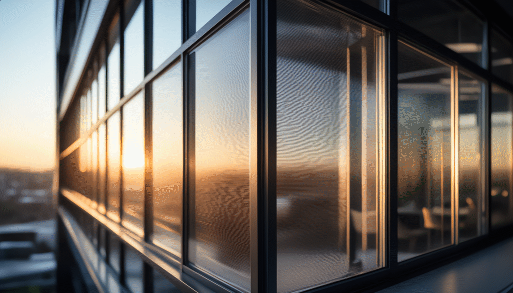 Ein modernes Gebäude mit großen Fenstern, die das Licht der untergehenden Sonne reflektieren. Der Fokus liegt auf den Glasflächen, die offensichtlich gereinigt wurden. Im Inneren sind verschwommen Möbel zu erkennen. Das Bild zeigt die Qualität der Glasreinigung, eine der Dienstleistungen von Bavaria Cleaning in München.