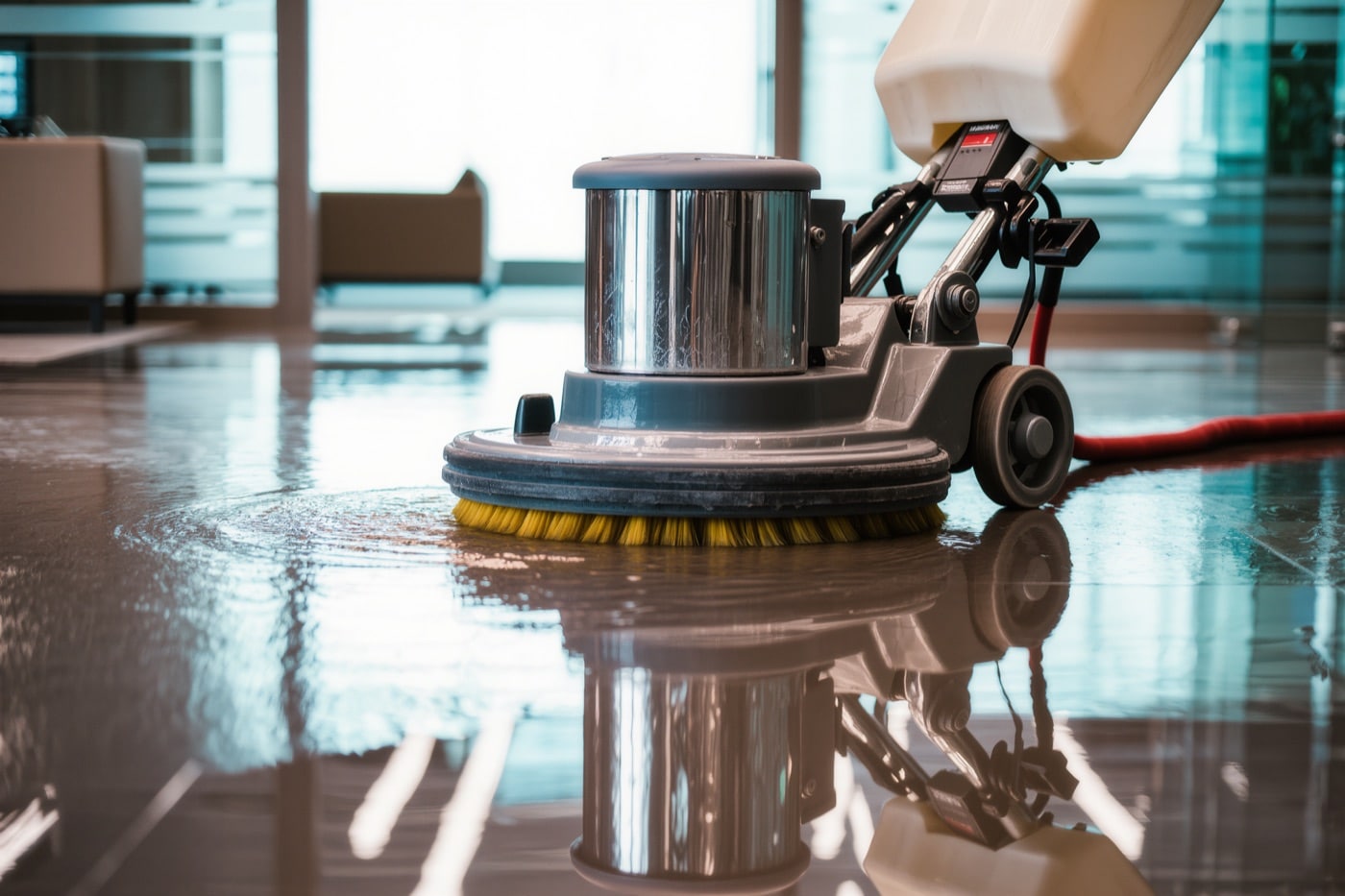 Professionelle Bodenreinigungsmaschine auf glänzendem Büroboden