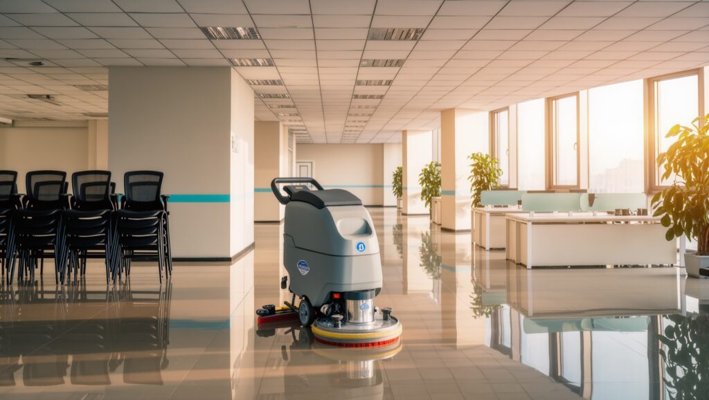 Leeres Büro in München mit Bodenreinigungsmaschine während der Ferienzeit